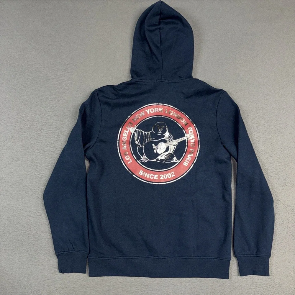 True Religion Full Zip Hoodie Mens Medium Blue Metallic Buddha Sweatshirt NWT
